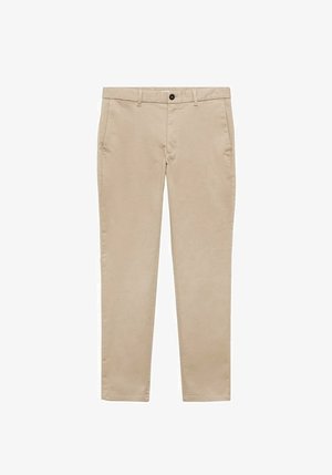 Chinos in cotone beige con una vestibilità a gamba dritta, dotati di tasche frontali, chiusura con un solo bottone e una texture liscia.