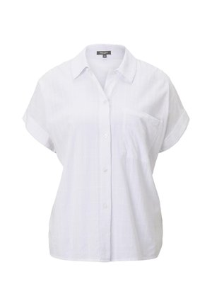 Biała koszula z krótkim rękawem zapinana na guziki, z kołnierzem i kieszenią na piersi, rozmiar 34, przedstawiona na jednolitym tle.