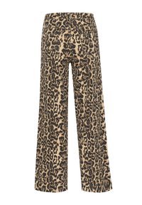 Pantalons à larges pattes en imprimé léopard, présentant une palette de couleurs beige et noir. Le tissu est lisse avec une texture similaire au denim et des poches arrière visibles.