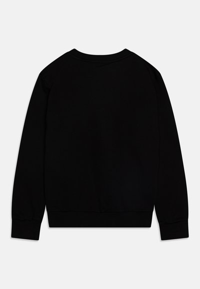 Black sweatshirt featuring a crew neckline, long sleeves, and ribbed cuffs and hem. Smooth fabric texture without additional patterns or logos.