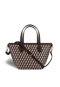Geometric-patterned tote bag in beige, brown, and navy. Material features structured design with brown handles and adjustable crossbody strap.