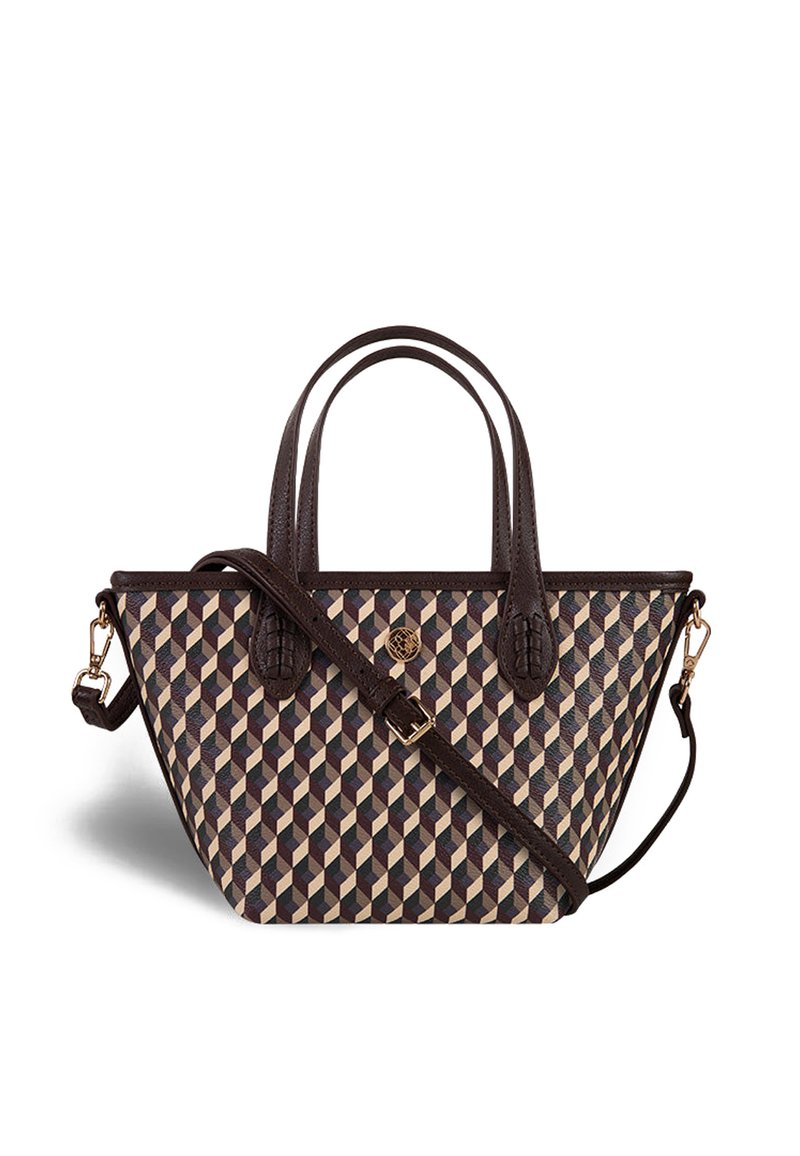 Geometric-patterned tote bag in beige, brown, and navy. Material features structured design with brown handles and adjustable crossbody strap.