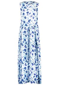 Maxi šaty v světle modré tkanině s květinovým vzorem v tmavších modrých a fialových tónech. Bezramenný design s detailem vázaného pasu.