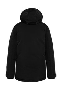 Parka impermeable negra con capucha, que presenta mangas largas, una textura lisa y un dobladillo recto. Sin marcas visibles ni adornos.