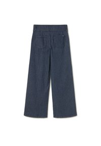 Pantalones vaqueros de pierna ancha en azul marino oscuro con rayas blancas. Cuentan con una cinturilla y dos bolsillos traseros, textura suave.