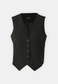Black sleeveless vest with a fitted design, five front buttons, and a small chest pocket; made from smooth, structured fabric.
