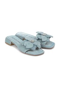 Lichtblauwe suède slip-on sandalen met twee grote bloemenapplicaties met nepgesteentjes in het midden en een lage blokhak.
