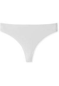 White thong underwear made from smooth fabric, featuring a minimalist design with a low-rise waistband and minimal rear coverage.