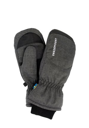 Gray fabric mittens featuring a black leather accent, elastic wrist for a snug fit, and a stitched logo reading "SWEDEMOUNT."