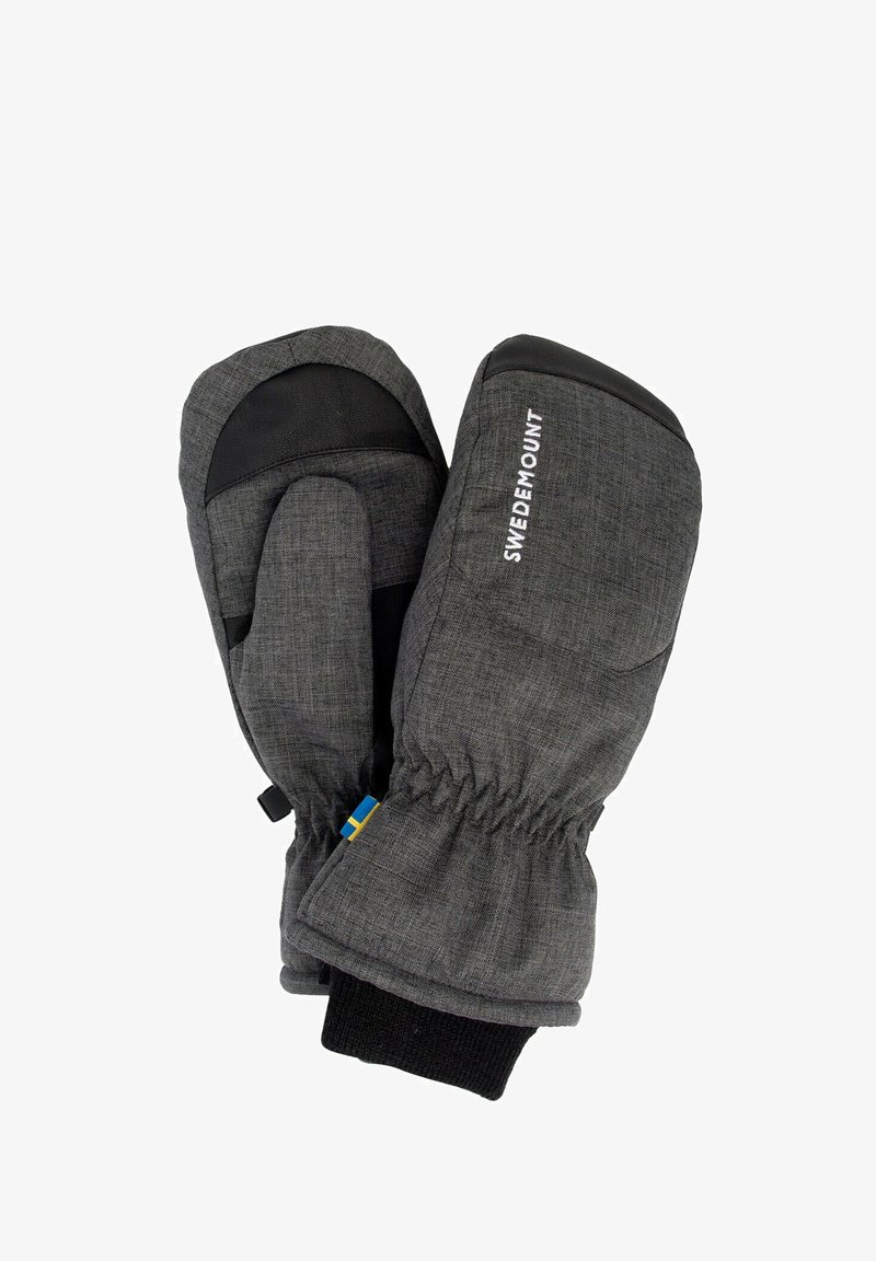 Gray fabric mittens featuring a black leather accent, elastic wrist for a snug fit, and a stitched logo reading "SWEDEMOUNT."
