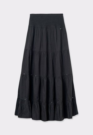 Black, tiered maxi skirt with a smocked waist. Features horizontal seams and small decorative buttons at each tier. Lightweight fabric, flowing design.