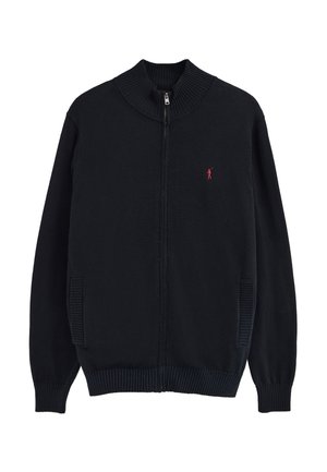 Czarny sweter na pełnym zamek wykonany na drutach, z prążkowanym kołnierzem, mankietami i dolnym wykończeniem, z małym czerwonym haftowanym logo polo z graczem na lewym ramieniu.