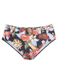 Blühendes Bikini-Unterteil mit schwarzem Hintergrund und roten sowie blauen Blumen, einem breiten Bund mit einer runden braunen Gürtelschnalle und metallischen Akzenten.