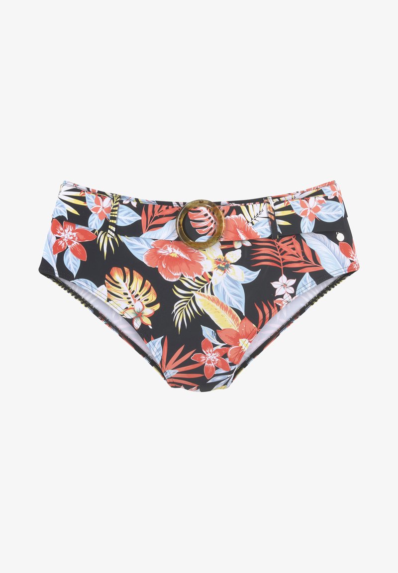 Gėlių maudymosi kelnaitės su juodu fonu, raudonomis ir mėlynomis gėlėmis, plačiu juosmeniu su apvaliu rudu diržo sagtimi ir metaliniais akcentais.