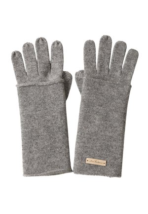 Gants sans doigts en tricot gris avec une texture côtelée, comportant une étiquette avec du texte sur un petit patch en cuir. Conçus pour la chaleur et la dextérité.