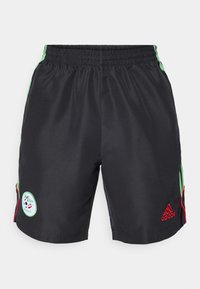 Černé sportovní šortky s zelenými a červenými bočními pruhy, na levé nohavici s logem a elastickým pasem. Vyrobeno z hladkého materiálu.