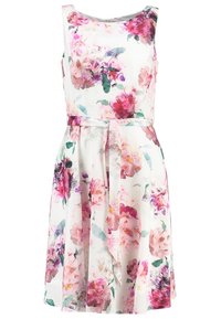 Floral dress in lightweight fabric, featuring a fitted bodice, round neckline, and waist tie. Colors include pink, white, and green floral patterns.
