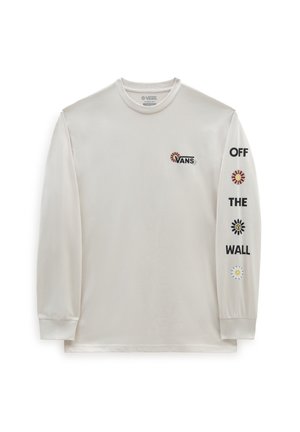 Beige Vans T-Shirt mit langen Ärmeln, Logo auf der Brust und floralen Designs in Rot, Gelb und Schwarz entlang der Ärmel. Weicher Stoff, lässige Passform.