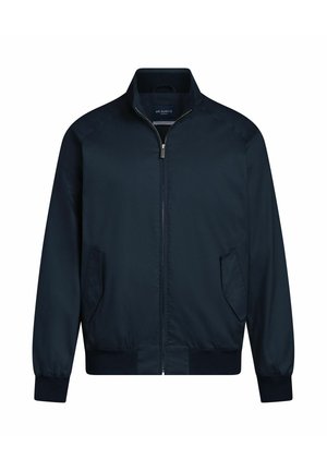 Navy blue zip-up jacket with stand collar, long sleeves, two front flap pockets, and ribbed cuffs and hem.