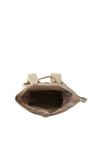 Béžová taška s hladkým povrchom a zipsovým uzáverom. Interiér obsahuje opakujúci sa vzor loga na hnedej látke. Dvojité rukoväte na nosenie.