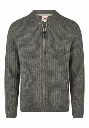 Grijze gebreide cardigan met ritssluiting, voorzien van verticale en kabelpatronen, een ronde kraag en zijzakken.