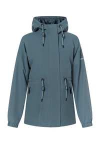 Vandafvisende jakke i dæmpet teal. Har hætte, justerbare snore, elastiske cuffe og frontlommer med lynlås. Glat tekstur.
