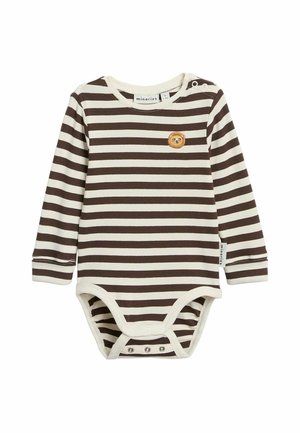 Bruin-wit gestreept babybody met lange mouwen met drukknoopjes op de schouder en het kruis, en een klein geborduurd leeuwengezicht op de borst.