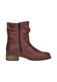 Red leather ankle boot with a slouched upper, side zipper, and a stacked wooden heel. Smooth texture with minimal stitching details.