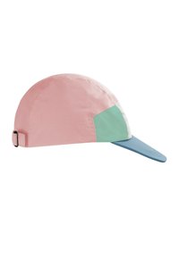 Kappe mit einem mehrfarbigen Design in Pink, Grün und Blau, mit einer gebogenen Krempe und einem verstellbaren Riemen auf der Rückseite.