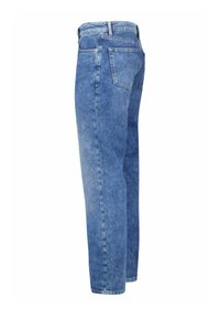 Light blue denim jeans with a straight cut, five pockets, and a faded texture. Features a metal button and belt loops on the waistband.