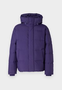 Purple padded winter jacket with hood, front pockets, and adjustable drawstrings on the hood, displayed on a plain background.