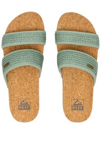 Kurk sandalen met twee mintgroene gevlochten bandjes. Heeft een gestructureerd oppervlak en een logo op de binnenzool in bruin.