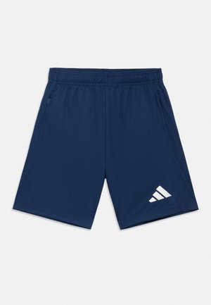 Shorts atletici blu navy realizzati in tessuto leggero con cintura elasticizzata, dotati di tasche nascoste e logo bianco sul lato inferiore sinistro.