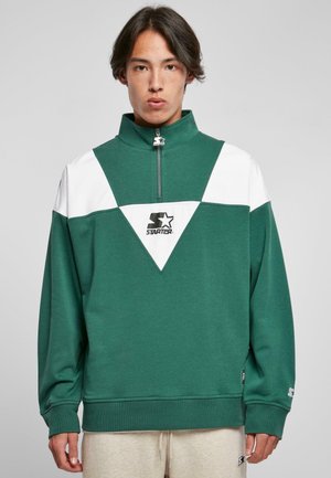 Green pullover sweatshirt with a high collar, white triangle design on the chest, and a quarter zip. Features the "Starter" logo.