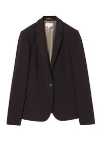 Tmavě hnědý blazer na jedno knoflík s klopami, dvěma předními kapsami s klopou a béžovou podšívkou, velikost 38.
