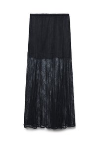Jupe maxi noire avec doublure opaque jusqu'à mi-thigh et superposition en dentelle transparente s'étendant jusqu'à la cheville, taille élastique.