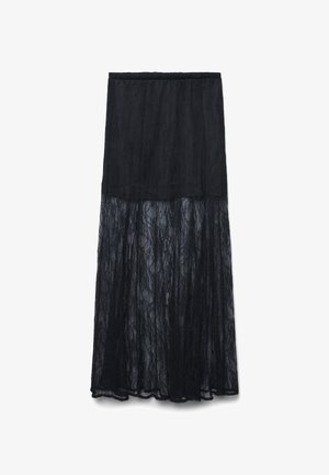 Jupe maxi noire avec doublure opaque jusqu'à mi-thigh et superposition en dentelle transparente s'étendant jusqu'à la cheville, taille élastique.