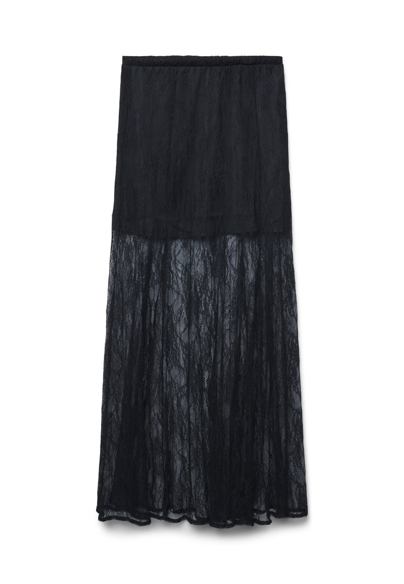 Jupe maxi noire avec doublure opaque jusqu'à mi-thigh et superposition en dentelle transparente s'étendant jusqu'à la cheville, taille élastique.