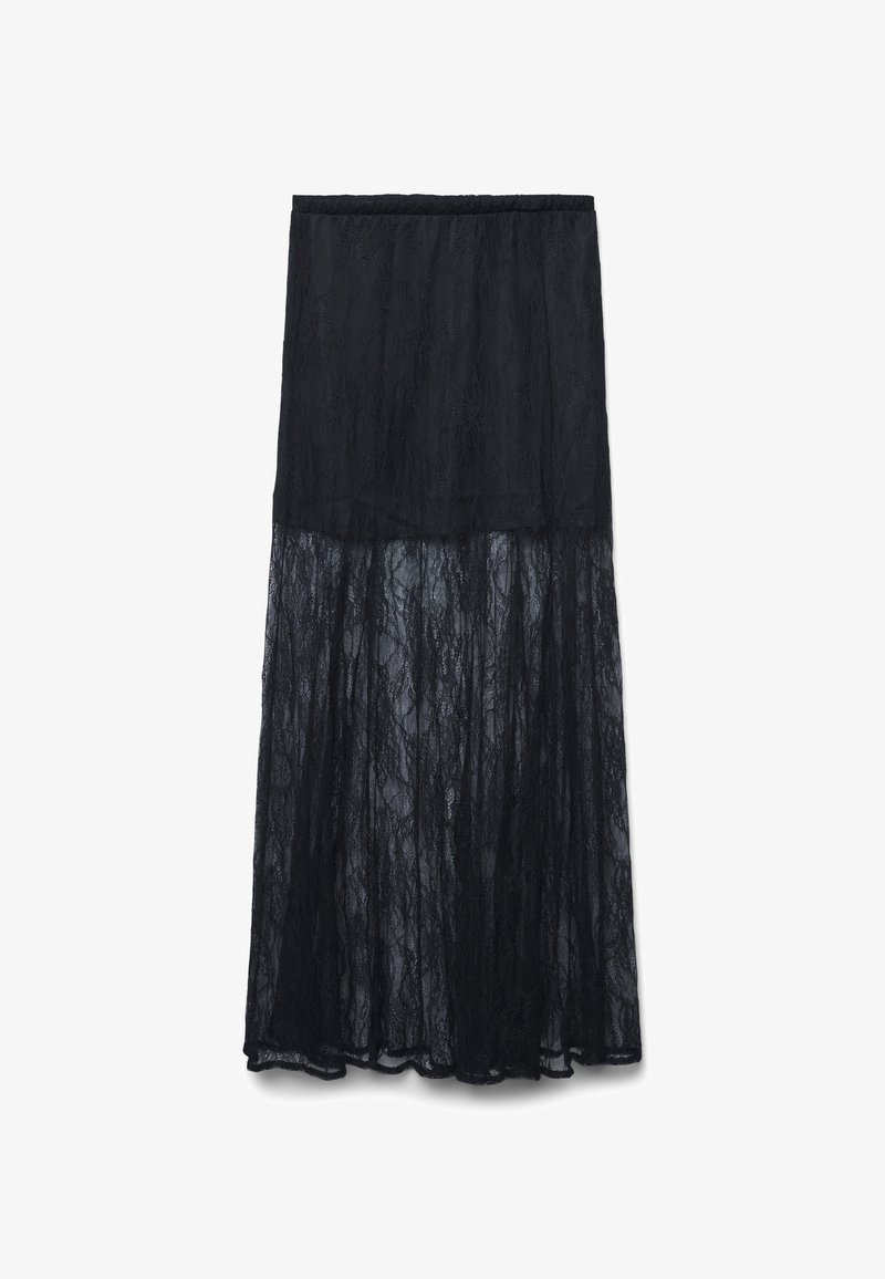 Gonna maxi nera con fodera solida fino a metà coscia e sovrapposizione di pizzo trasparente che arriva fino alla caviglia, con vita elasticizzata.