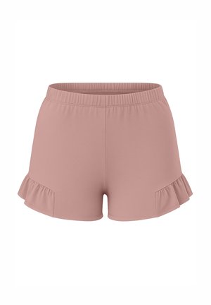 Pantaloni scurți roz deschis elastici, cu tivuri volanate, talie elastică și buzunare laterale. Textură netedă și design ajustat.