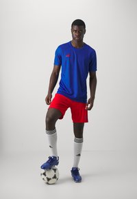 Maglietta atletica blu con dettagli rossi, pantaloni corti rossi, calze bianche con tre strisce nere, scarpe da calcio blu, in piedi su una palla da calcio bianca e nera.