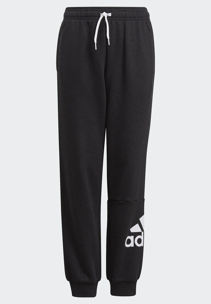 Pantalon de survêtement noir avec une taille élastique et un cordon blanc, doté d'une jambe fuselée et d'un grand logo Adidas blanc sur le côté gauche.