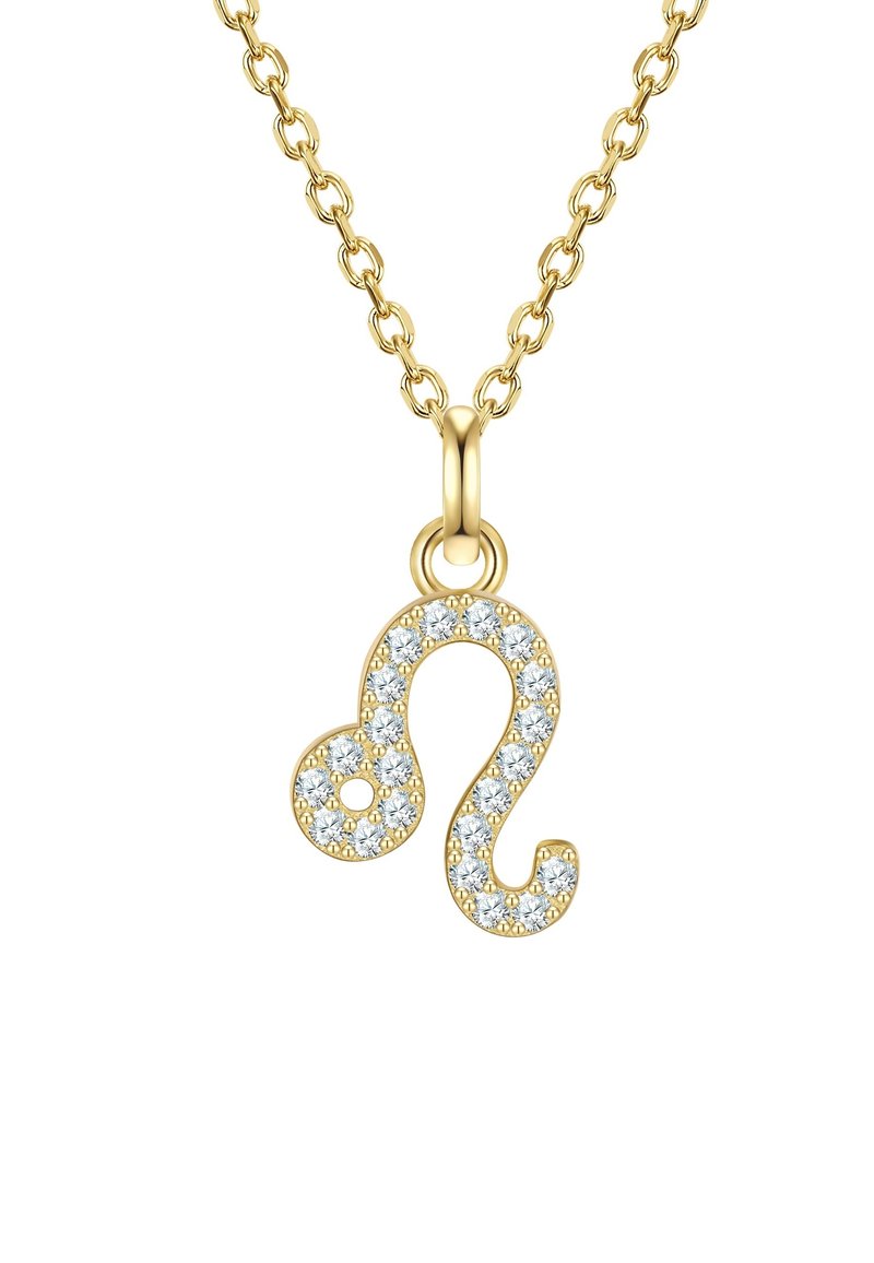 Złoty naszyjnik z łańcuchem z zawieszką w kształcie symbolu zodiaku Lwa, ozdobioną małymi okrągłymi, błyszczącymi, przezroczystymi kamieniami.