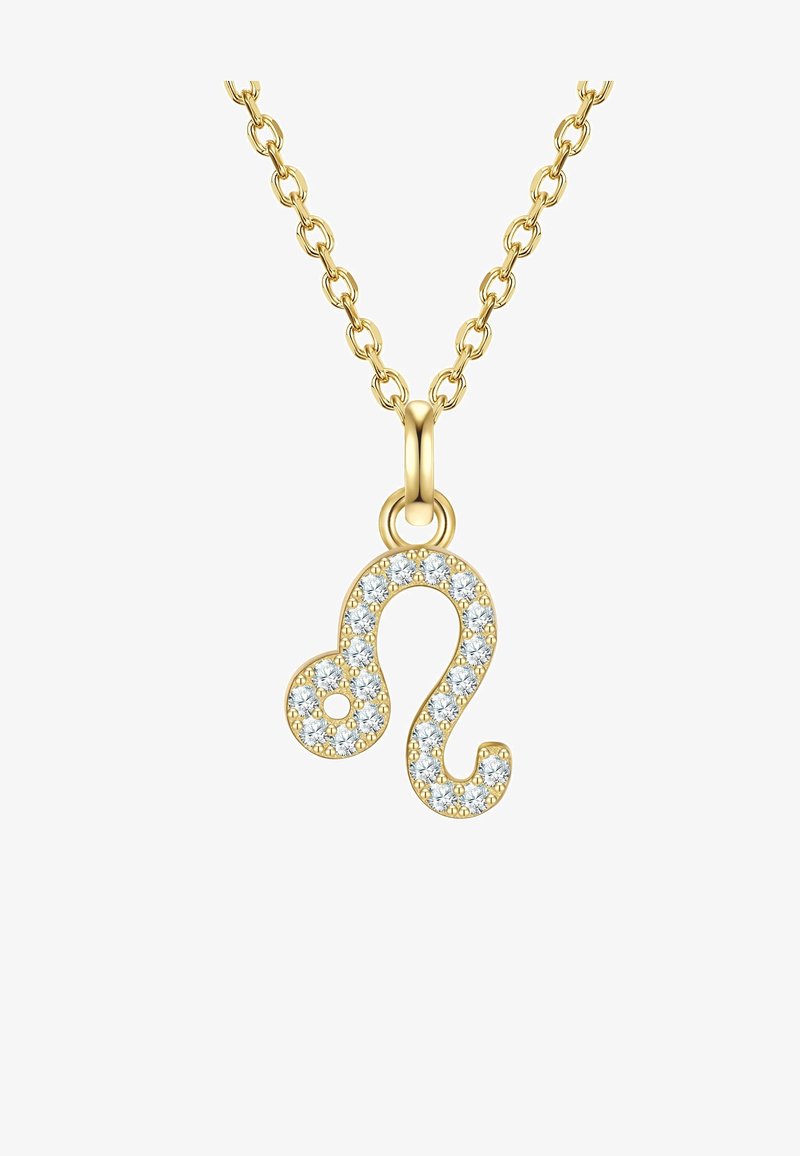 Zlatý náhrdelník s príveskom v tvare znamenia zverokruhu Leva, zdobený drobnými guľatými trblietavými čírymi kamienkami.