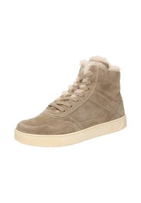 Beige suede high-top sneakers with a textured finish, featuring a soft fleece collar, round laces, and a rubber sole.