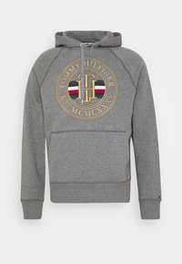 Felpa grigia con cappuccio caratterizzata da un grande logo ricamato circolare con la scritta "TOMMY HILFIGER" e "EST.MCMLXXXV", che mostra le iconiche strisce rosse, bianche e blu.