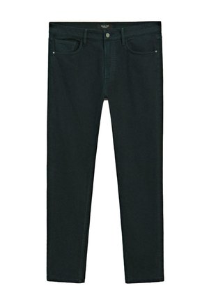 Donkergroene jeans van denim, met een rechte pasvorm, vijf zakken en een knoopsluiting bij de taille.