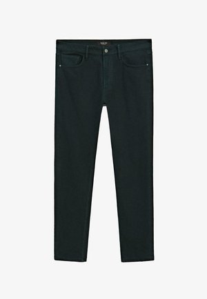 Mörkgröna jeans i denim med rak ben design, fem fickor och knappstängning i midjan.