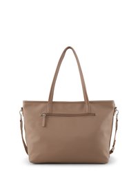 Braune synthetische Tragetasche mit zwei Schulterriemen, Reißverschlusstasche vorne und abnehmbarem Umhängegurt. Glatte Textur, rechteckige Form.