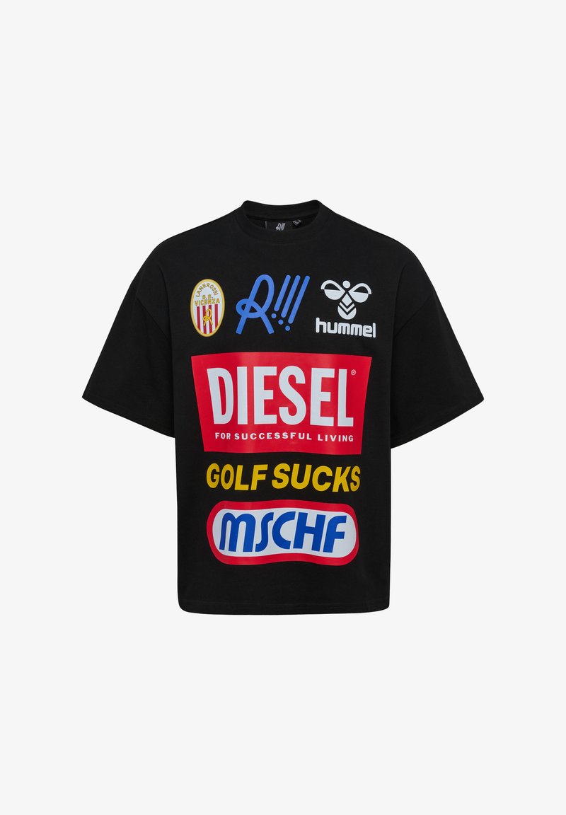 Black T-shirt with multiple colorful logos and texts including Diesel, MSCHF, Golf Sucks, and Hummel bee symbol on the front.